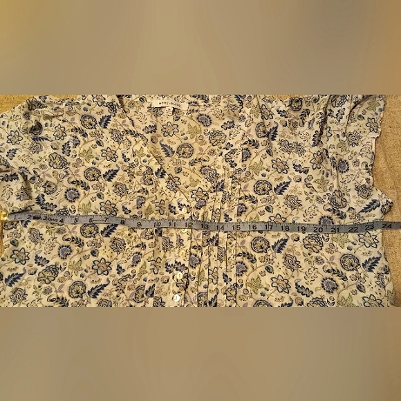 A Women's short sleeve blouse by Rose & Olive blue and cream in color. - Picture 4 of 4